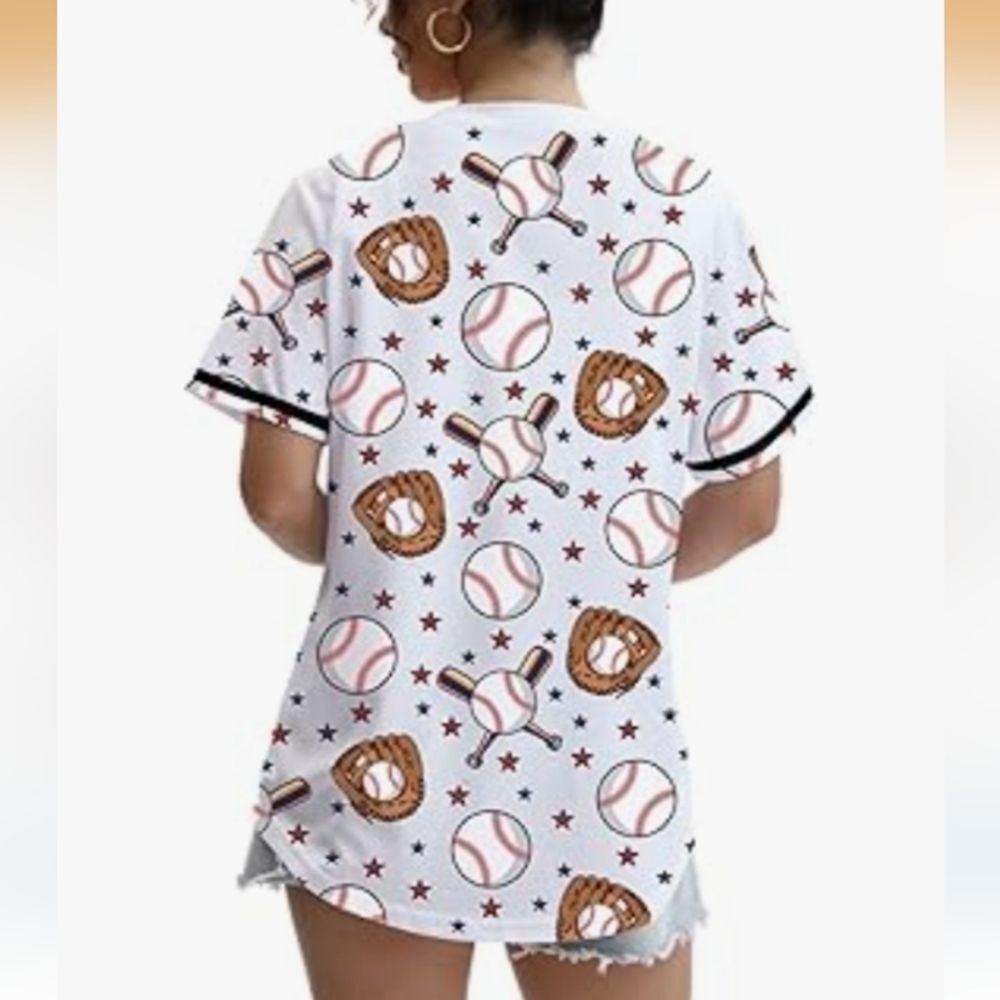 Baseball Themed Button Front Shirt Size Large NWOT P2P 23.5 In - Picture 3 of 13
